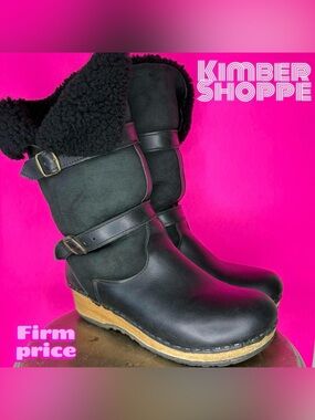 Sven 11" Clog Boot - Shearling Double Strap Black Leather Suede EU 41 US 10.5-11